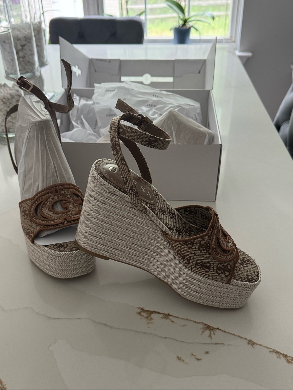 GUESS Brown Logo Espadrille Platform Wedge Sandals - Picture 3 of 4